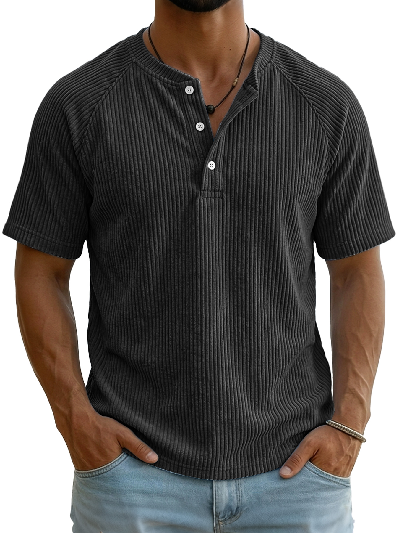 Men's Retro Corduroy Raglan Casual Short-Sleeve Henley Shirt