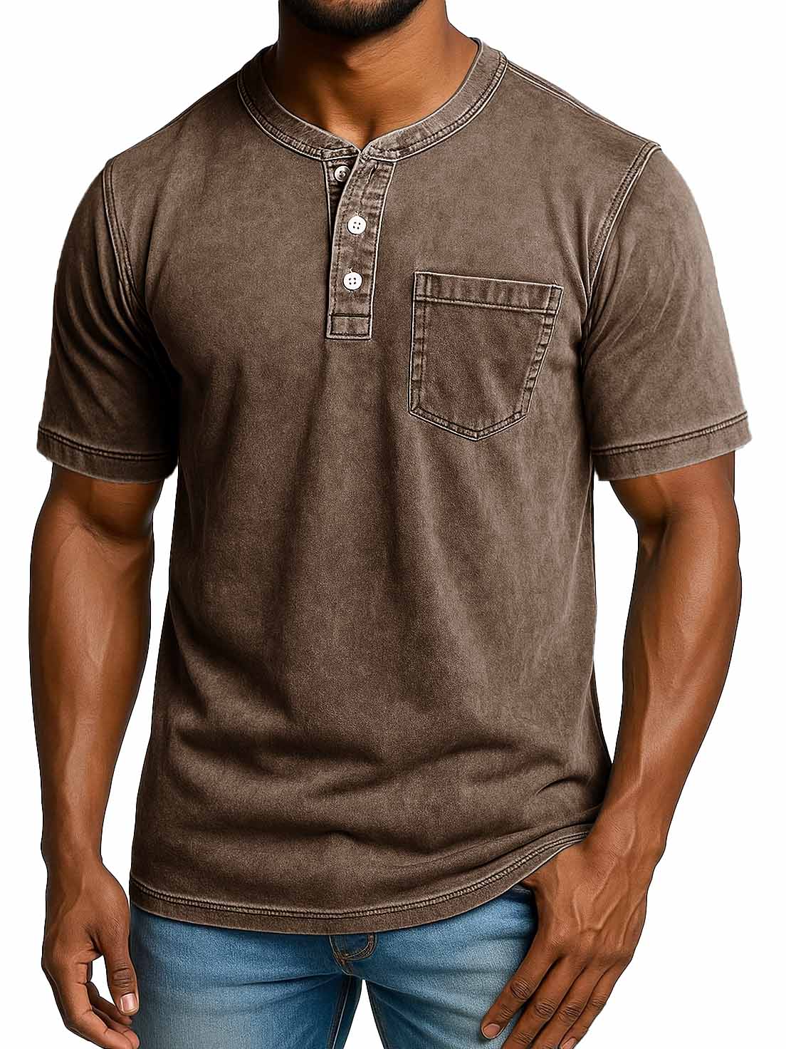 Men's Fashion Retro Distressed Short-sleeved Pocket Henley Shirt