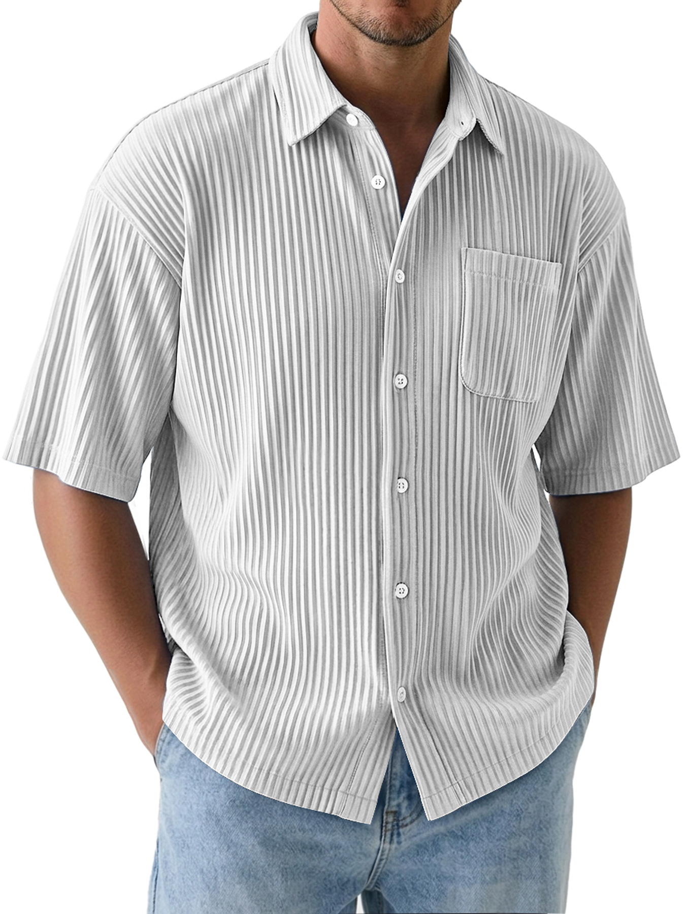 Men's Comfortable Textured Solid-Color Short-Sleeve Casual Shirt