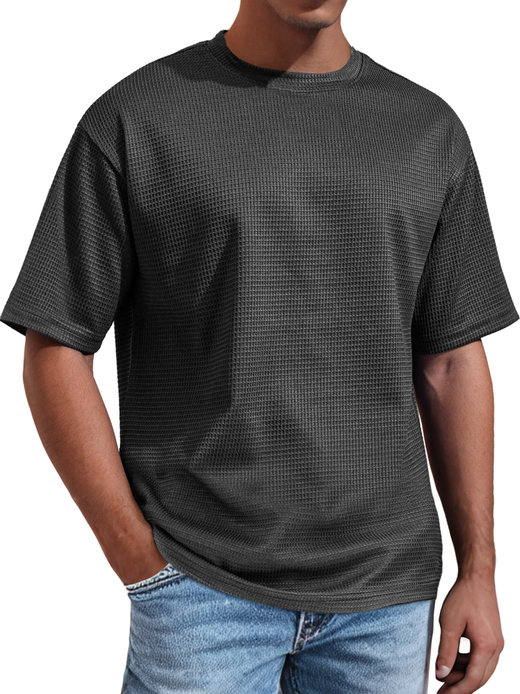 Men's Daily Round Neck Waffle Casual Solid Color Comfortable Short Sleeve T-shirt