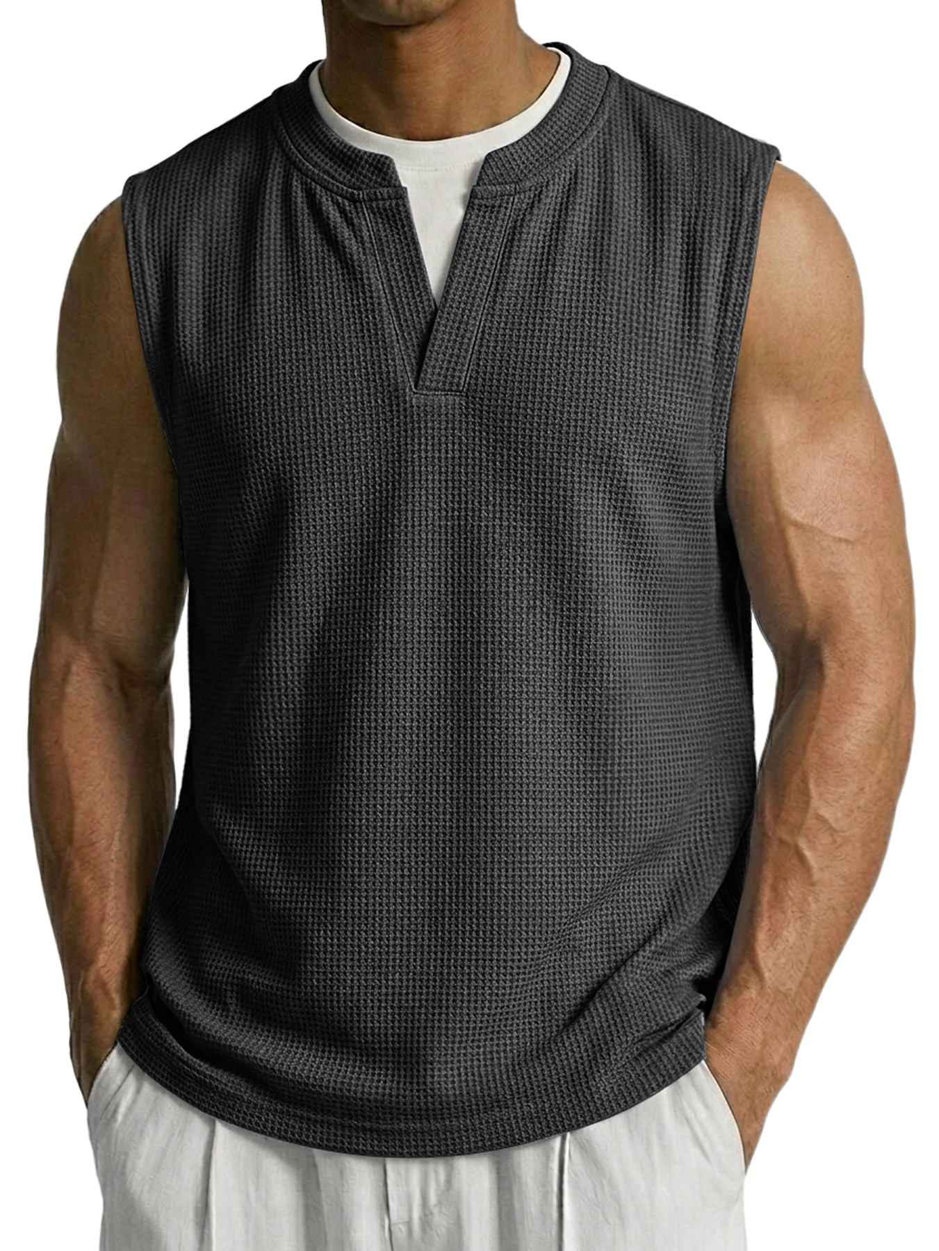Men's Waffle-knit Faux Two-piece Casual Comfortable Sleeveless Vest