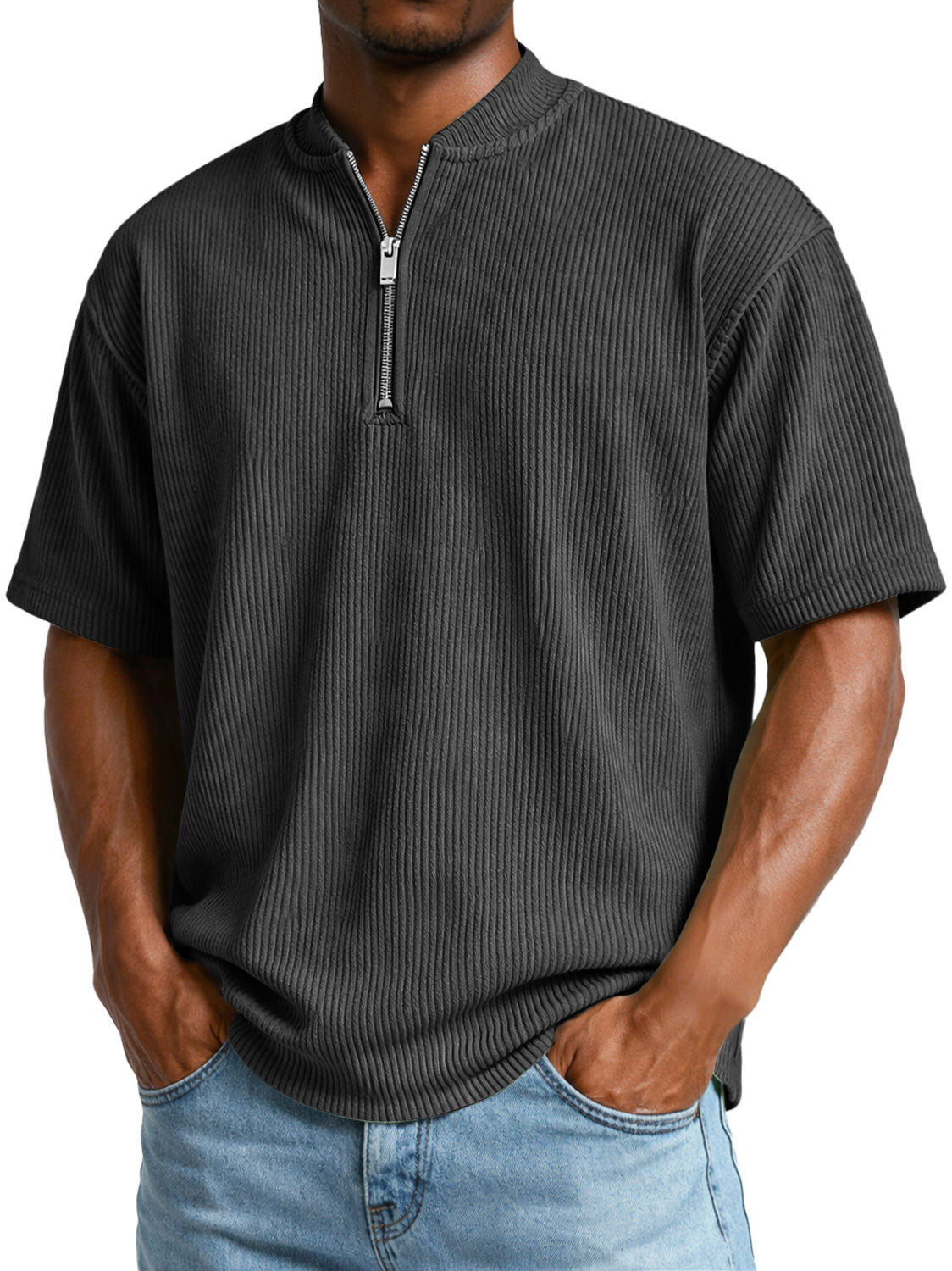 Men's Everyday Ribbed Zip-up Short-sleeved Casual T-shirt
