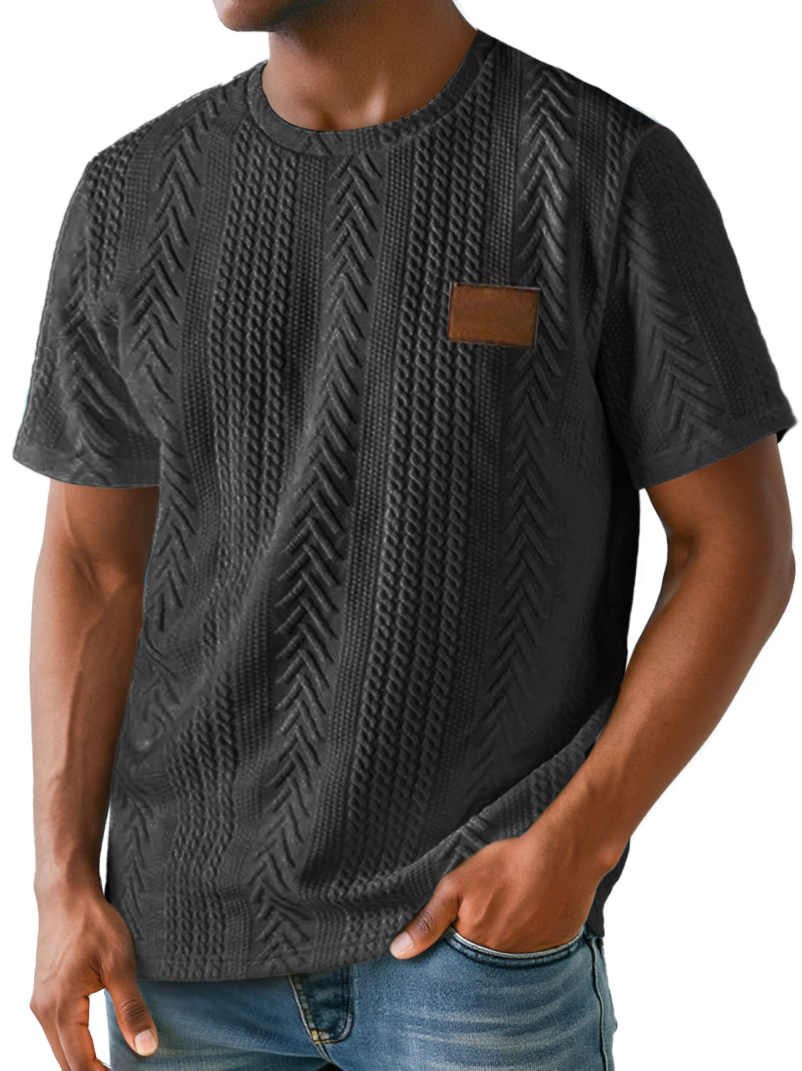 Men's Daily Round Neck Simple Texture Embroidered Label Casual Solid Color Short-sleeved T-shirt