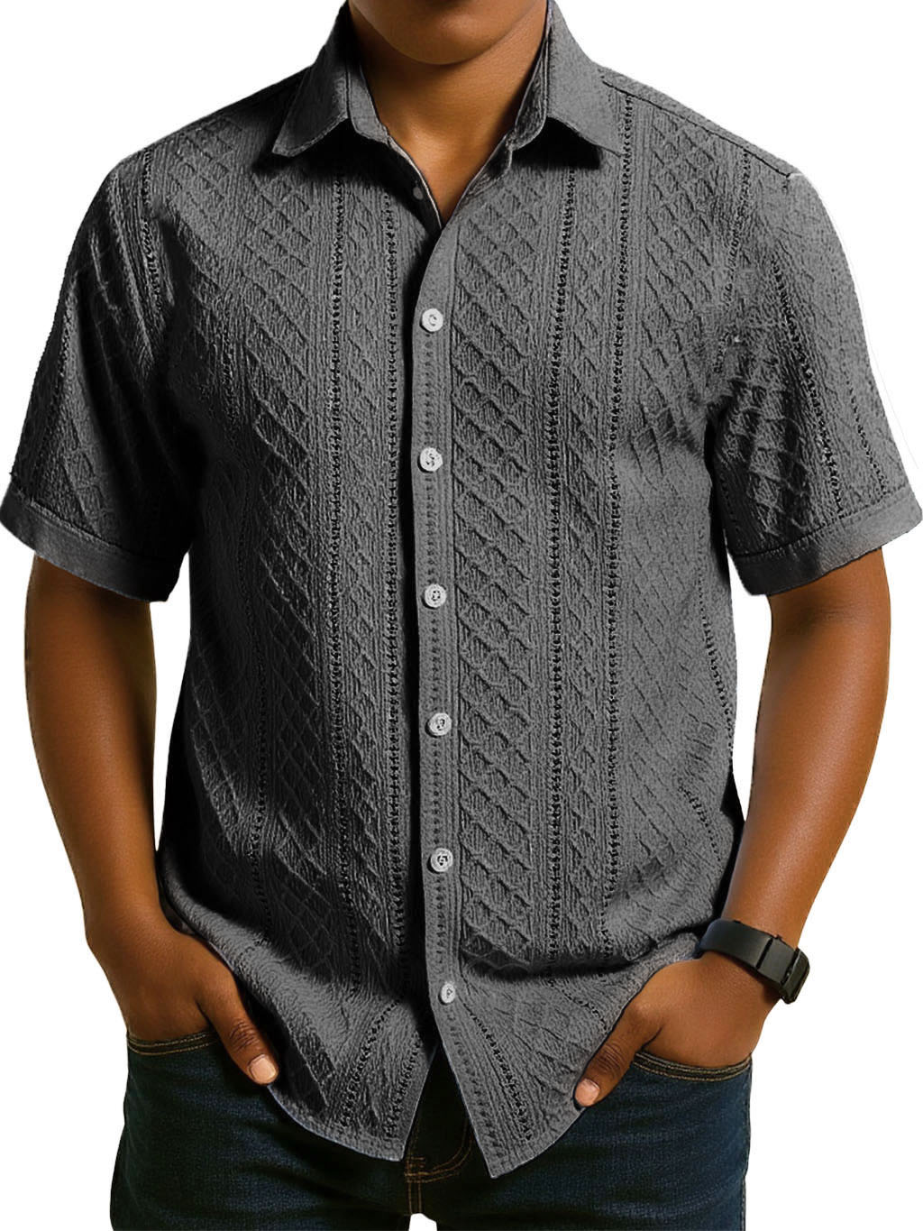 Men's Fashion Casual Jacquard Fabric Lapel Short-sleeved Shirt
