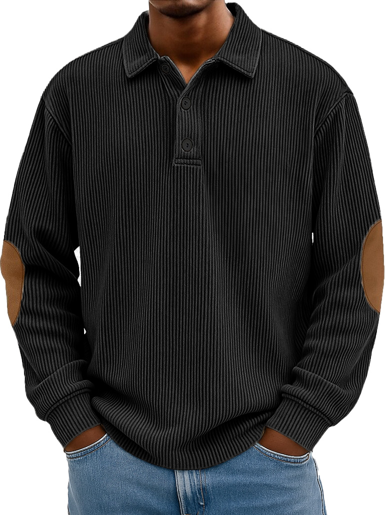 Men's Wear Fashionable Retro Stitching Pit Strip Long-sleeved Lapel Polo Shirt