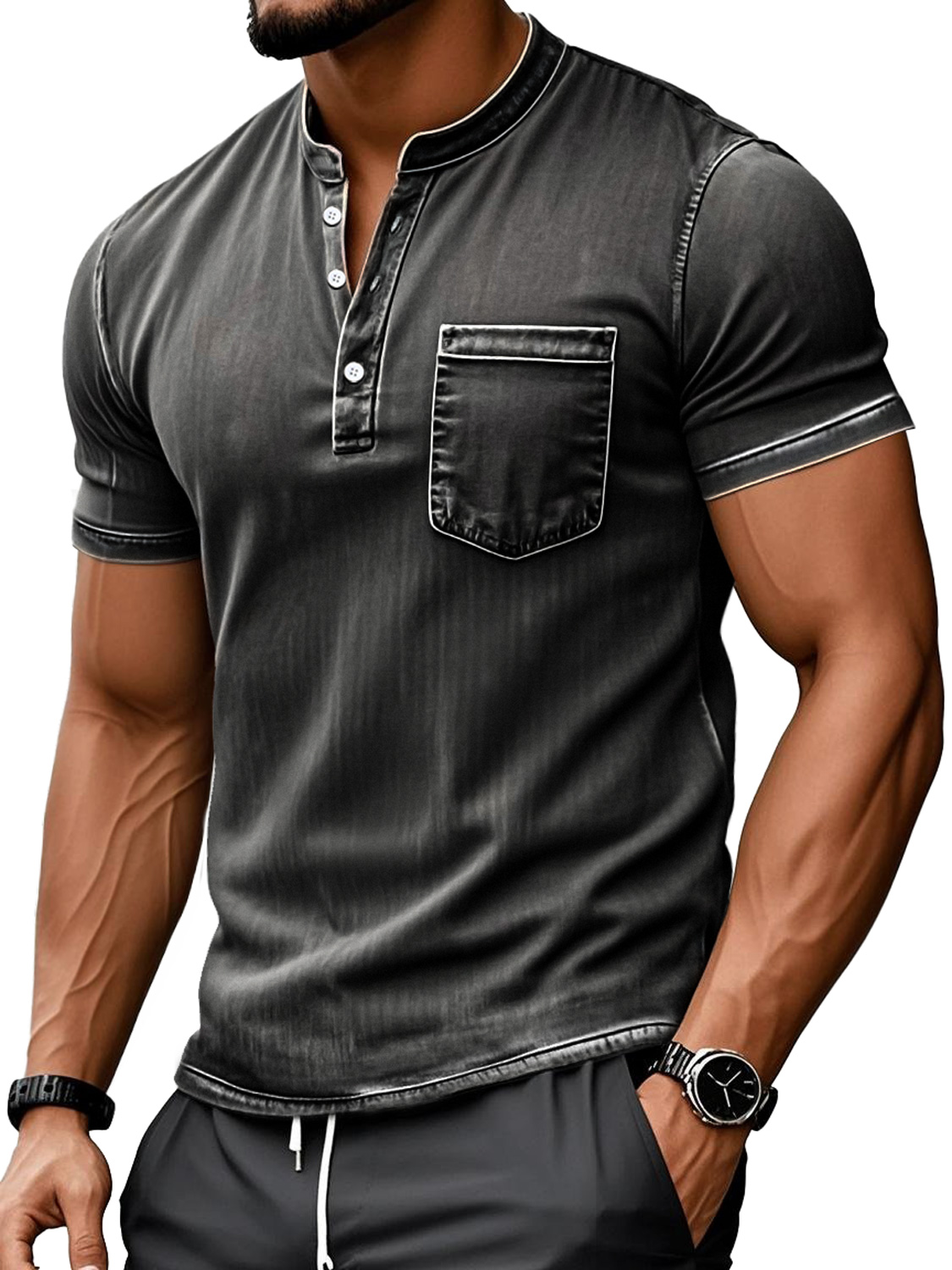 Men's Retro Everyday Stand Collar Pocket Casual Short Sleeve Henley Shirt