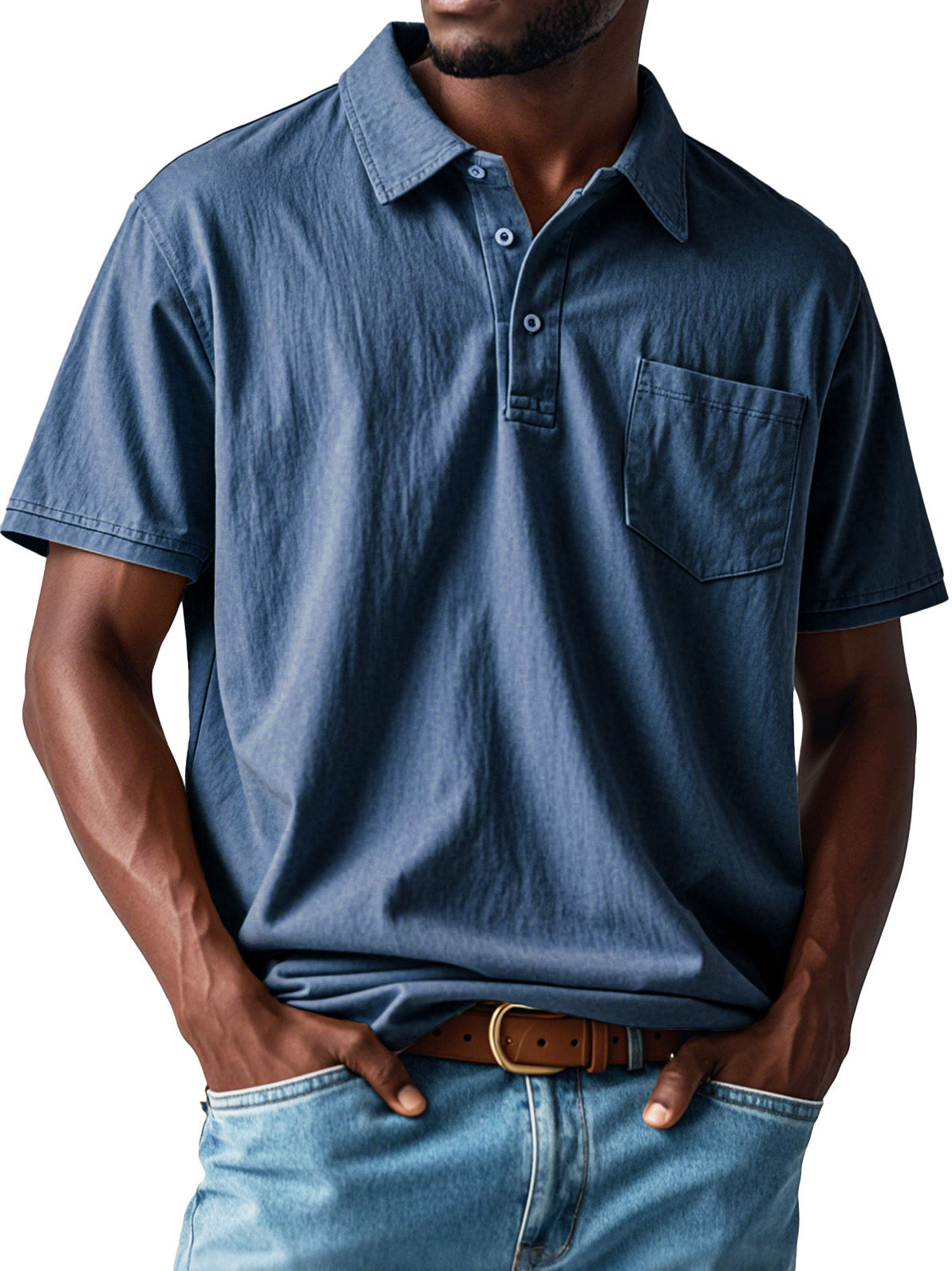 Men's Retro Distressed Pocket Short Sleeve Lapel Polo Shirt