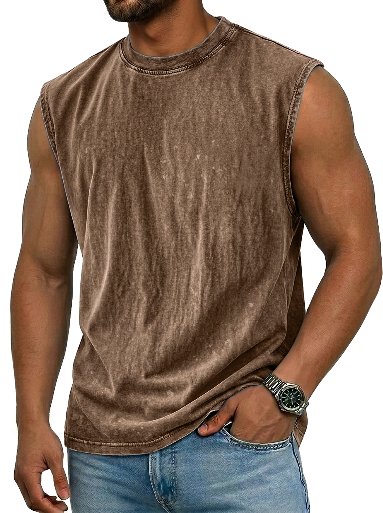 Men's 100% Washed Distressed Crew Neck Casual Sleeveless Vest
