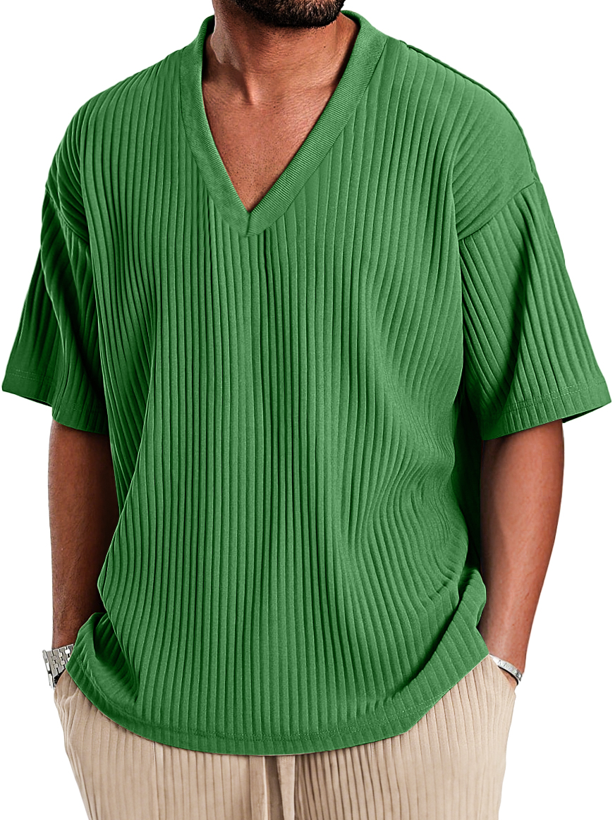 Men's Casual V-neck Ribbed Comfortable Short-sleeved T-shirt