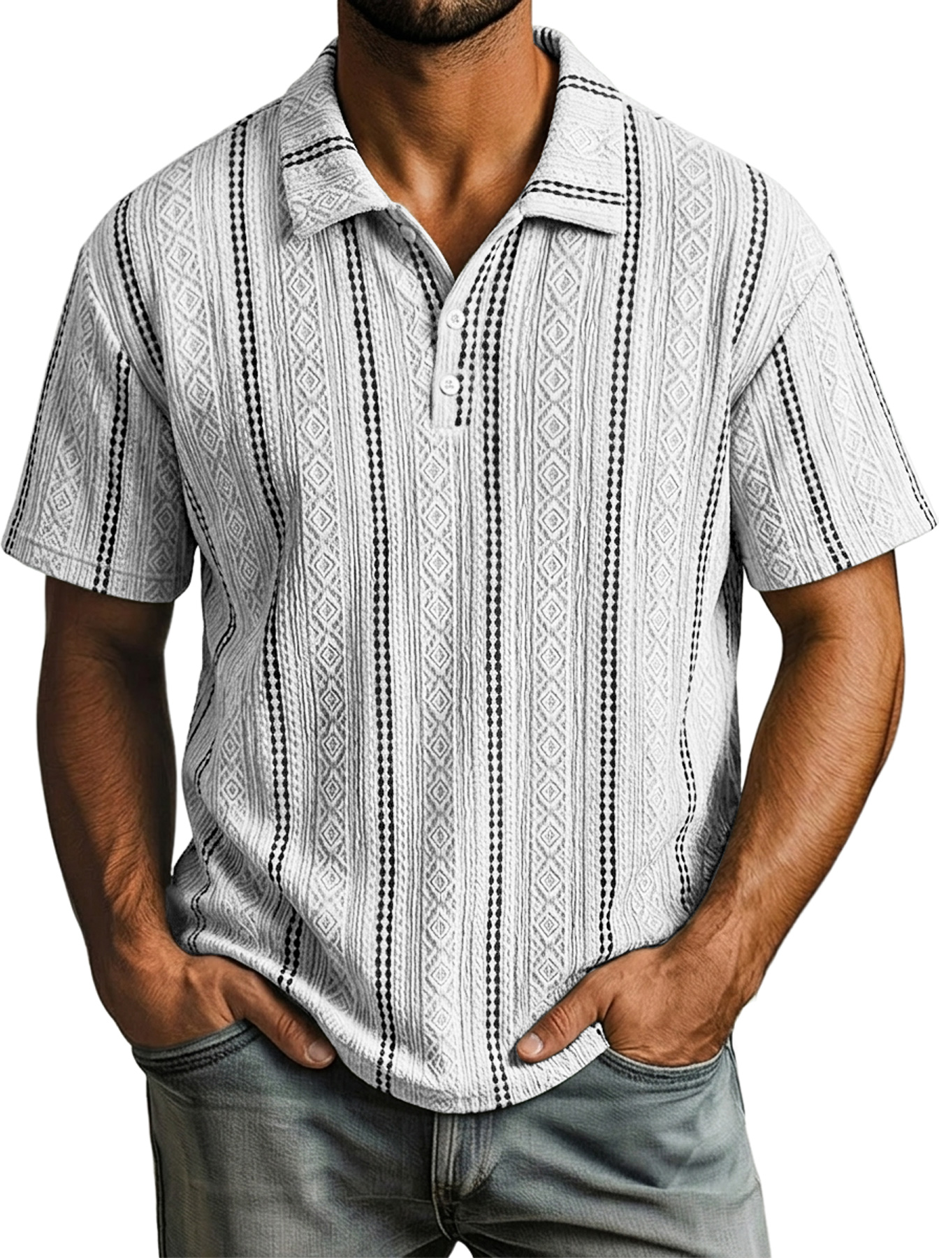 Men's Casual Color-Blocked Textured Collar Button-Up Comfortable Short-Sleeve Polo Shirt