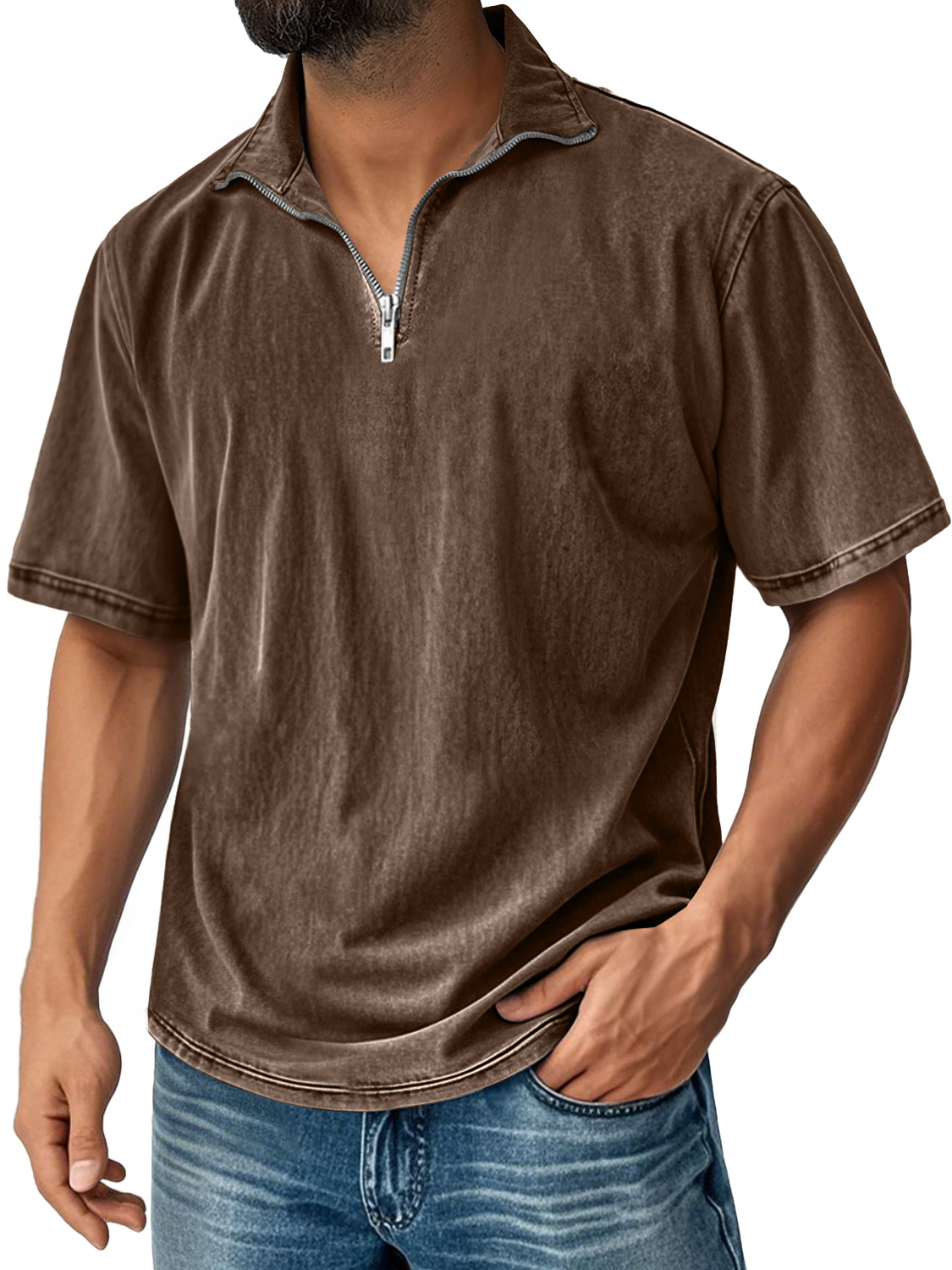 Men's Retro Stand Collar Zipper Casual Solid Color Short Sleeve T-shirt