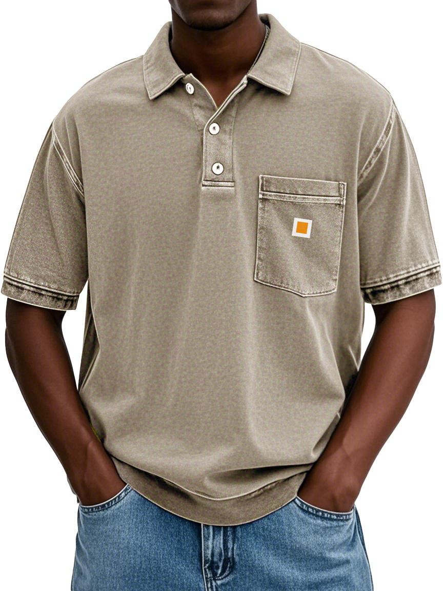 Men's Fashion Retro Distressed Lapel Pocket Short-sleeved Polo Shirt