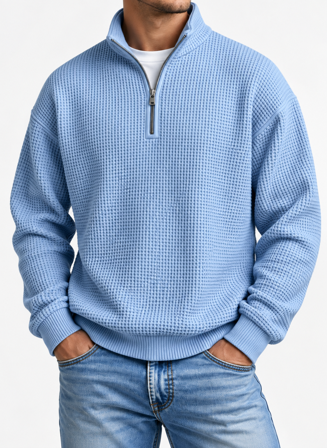 Men's Waffle-Knit Quarter-Zip Sweatshirt Relaxed Fit Stand Collar Casual Pullover