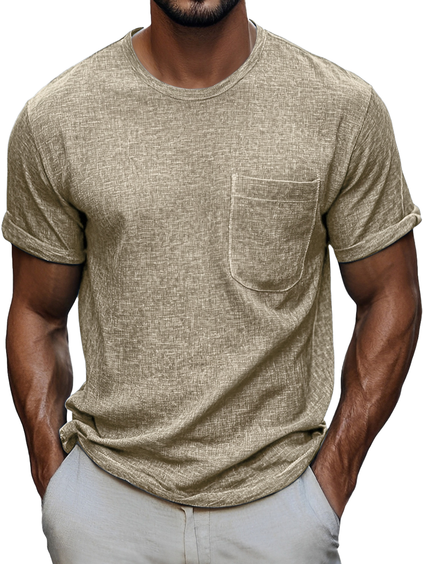 Men's Daily Round Neck Pocket Casual Comfortable Solid Color Short Sleeve T-shirt