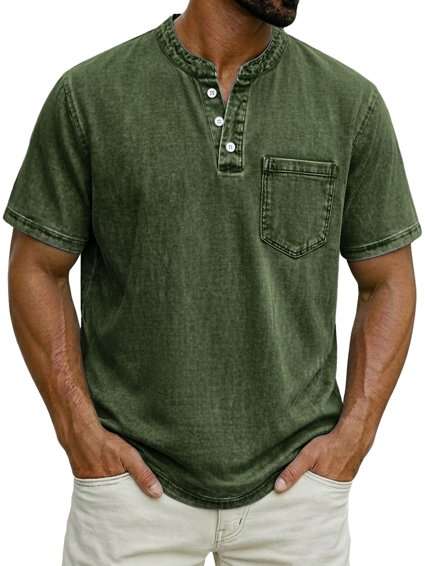 Men's Casual Retro Stand Collar Button-Down Short Sleeve Henley Shirt
