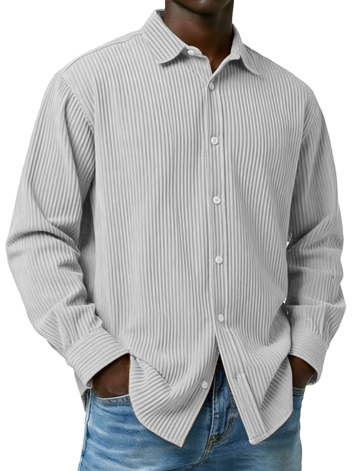 Men's Simple Solid Color Ribbed Long-sleeved Collared Shirt