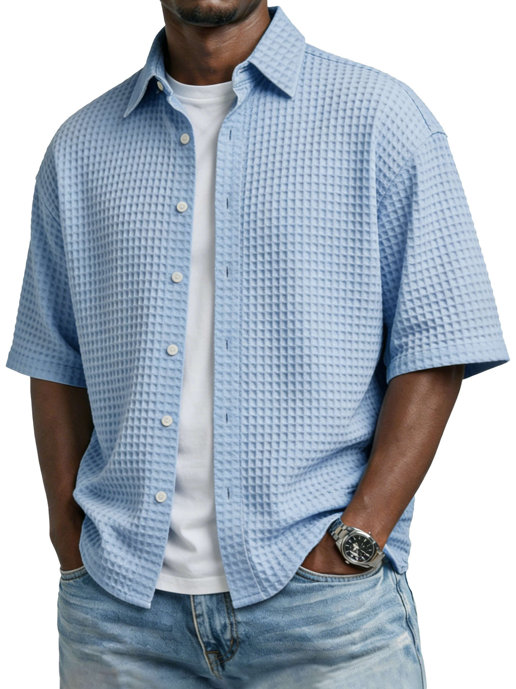 Men's Simple Solid-color Waffle-knit Lapel Casual Short-sleeved Shirt