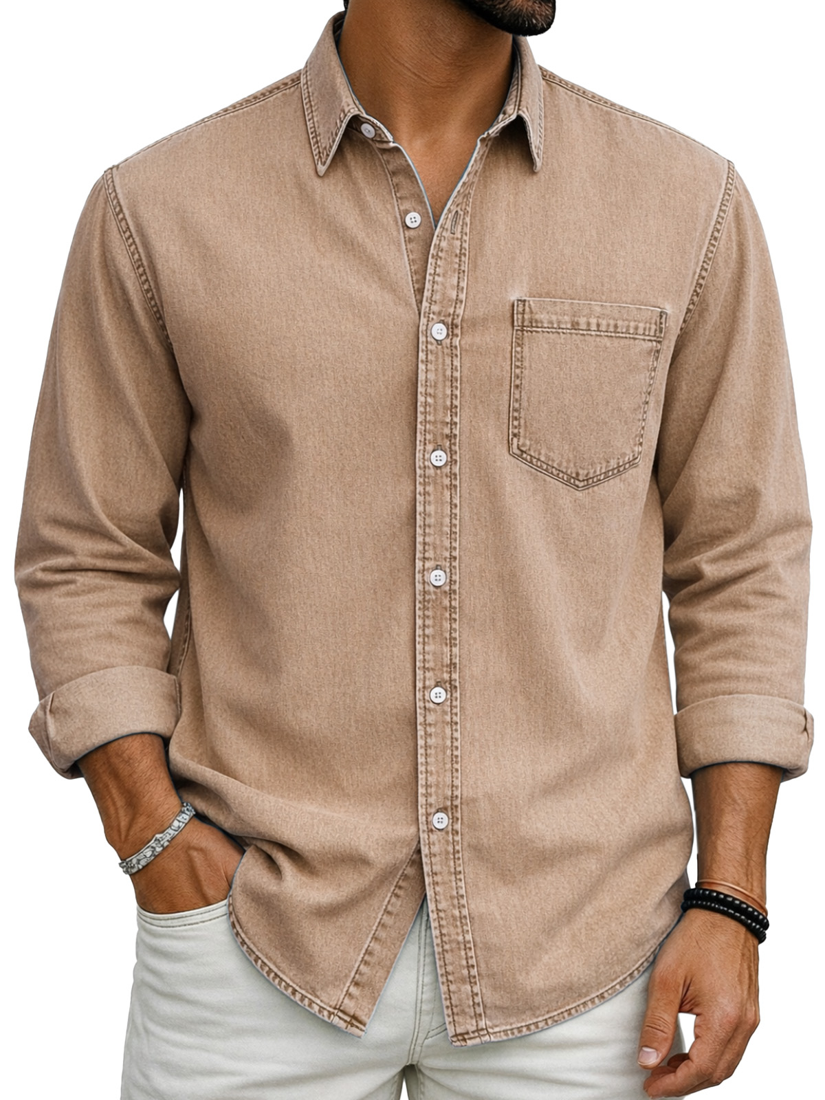 Retro Casual Simple Solid Color Long-Sleeve Polo Shirt with Chest Pocket