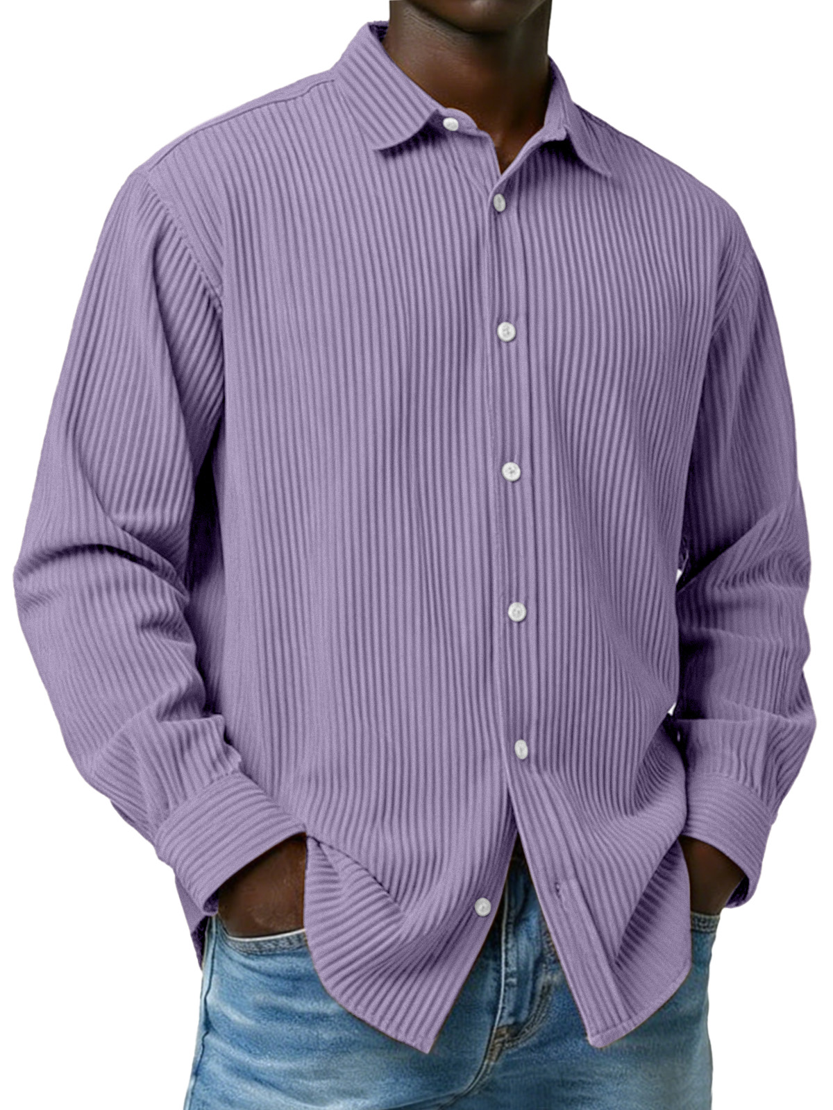 Men's Simple Solid Color Ribbed Long-sleeved Collared Shirt