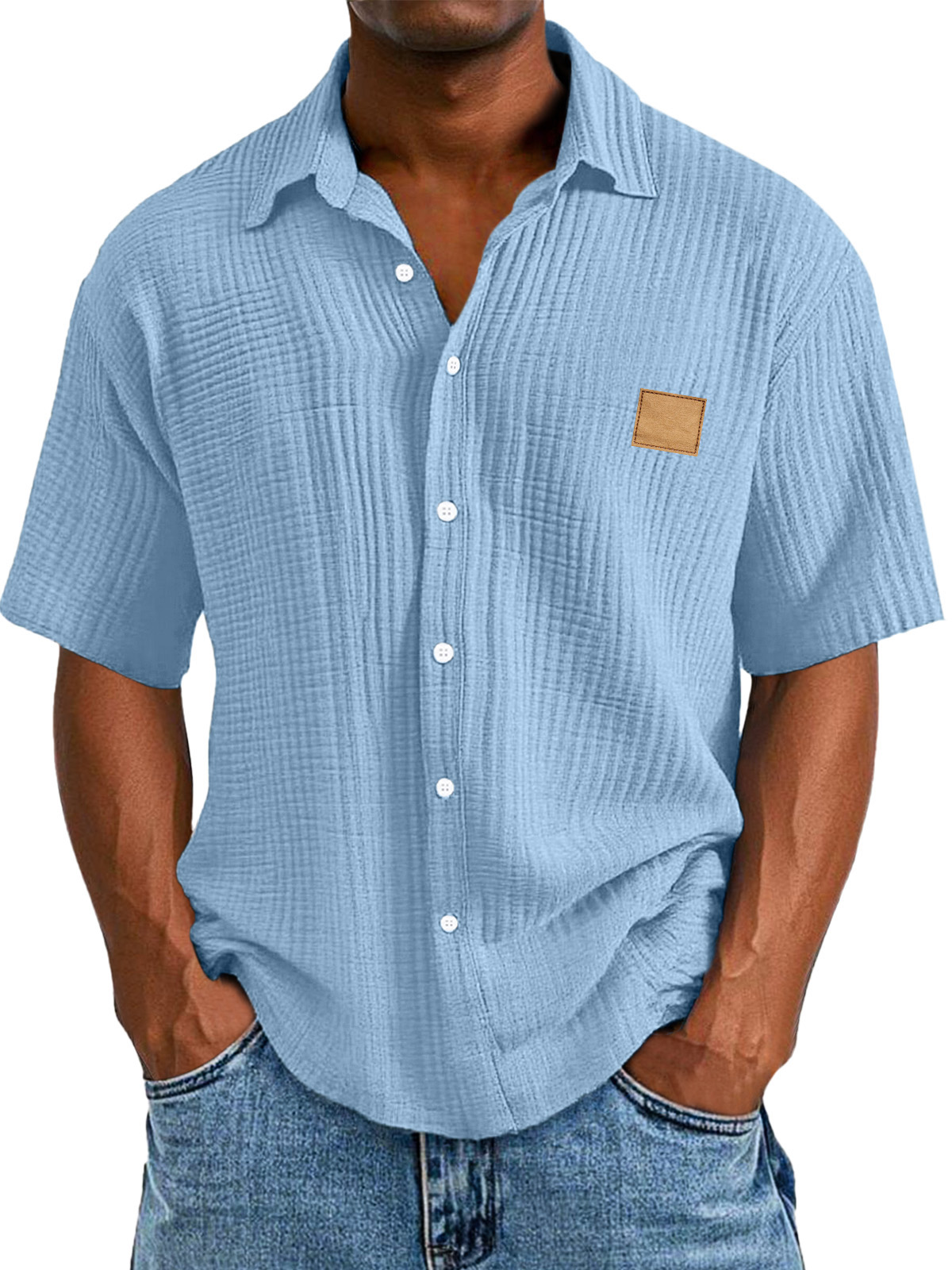 Men's Casual Retro Textured Logo Short Sleeve Lapel Shirt
