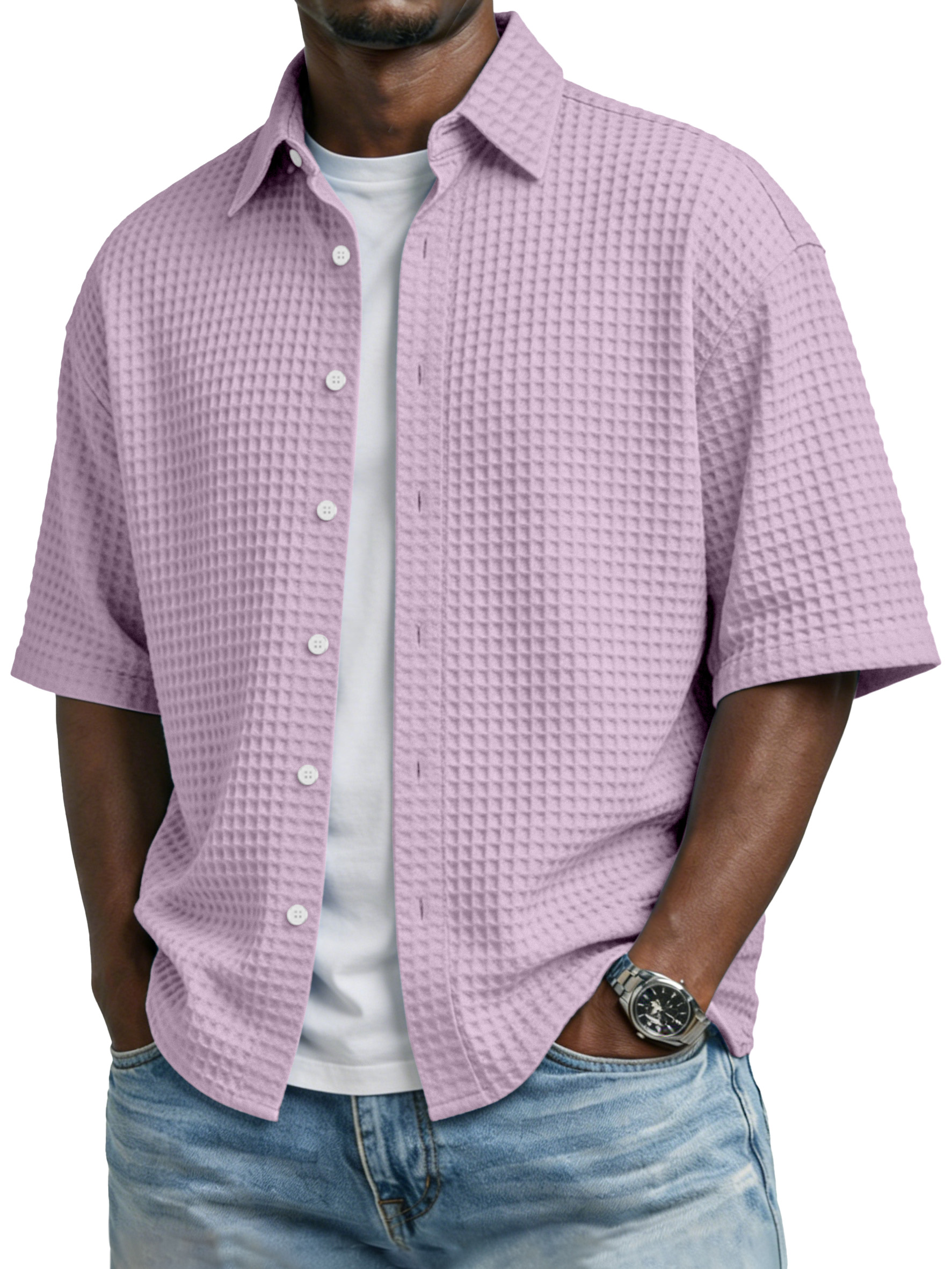Men's Simple Solid-color Waffle-knit Lapel Casual Short-sleeved Shirt