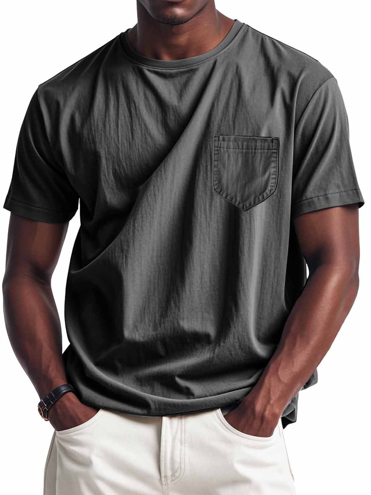Men's Fashion Retro Casual Round Neck Pocket Long Sleeve T-Shirt