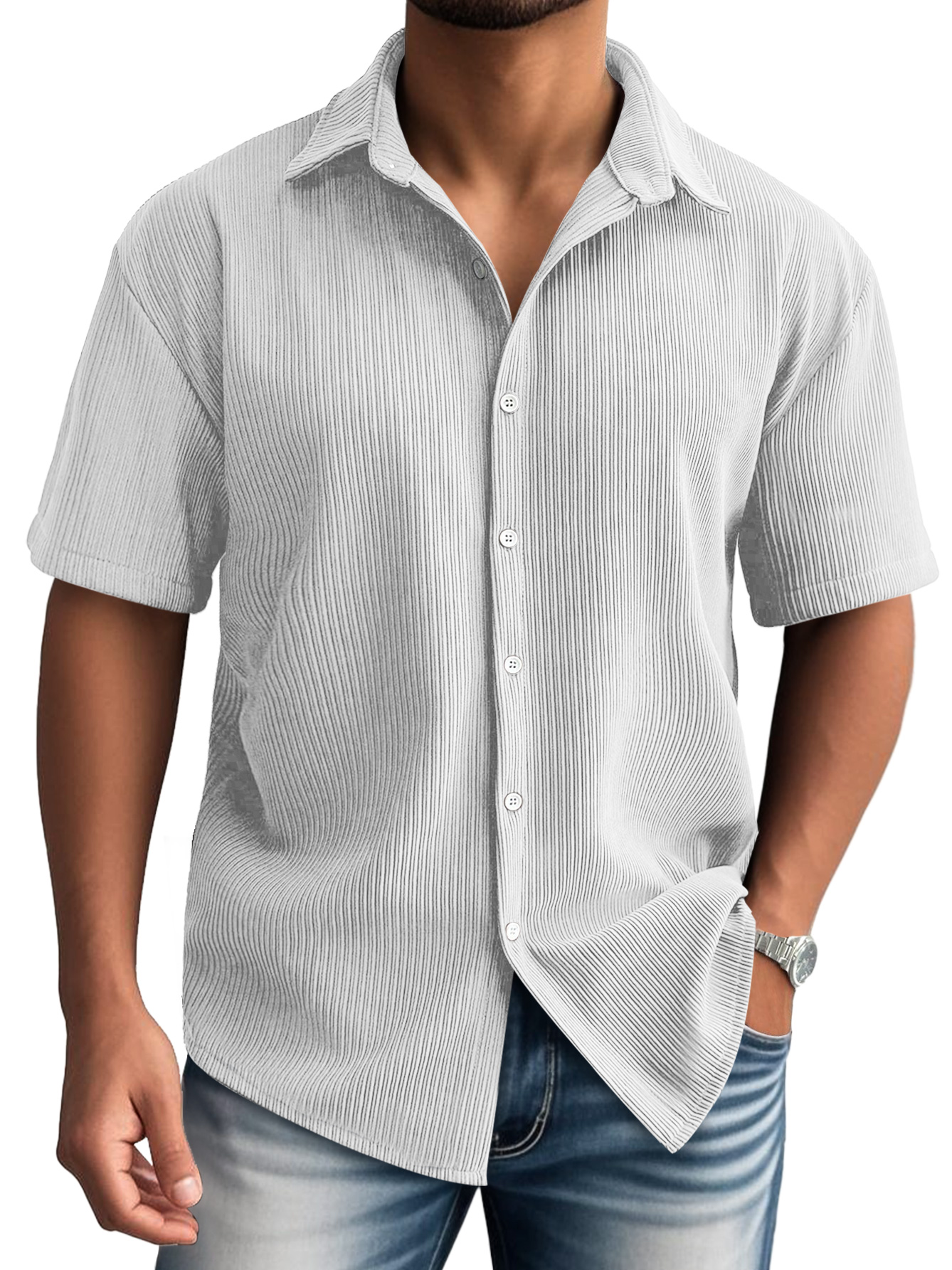 Men's Daily Lapel Ribbed Casual Comfortable Short-sleeved Shirt