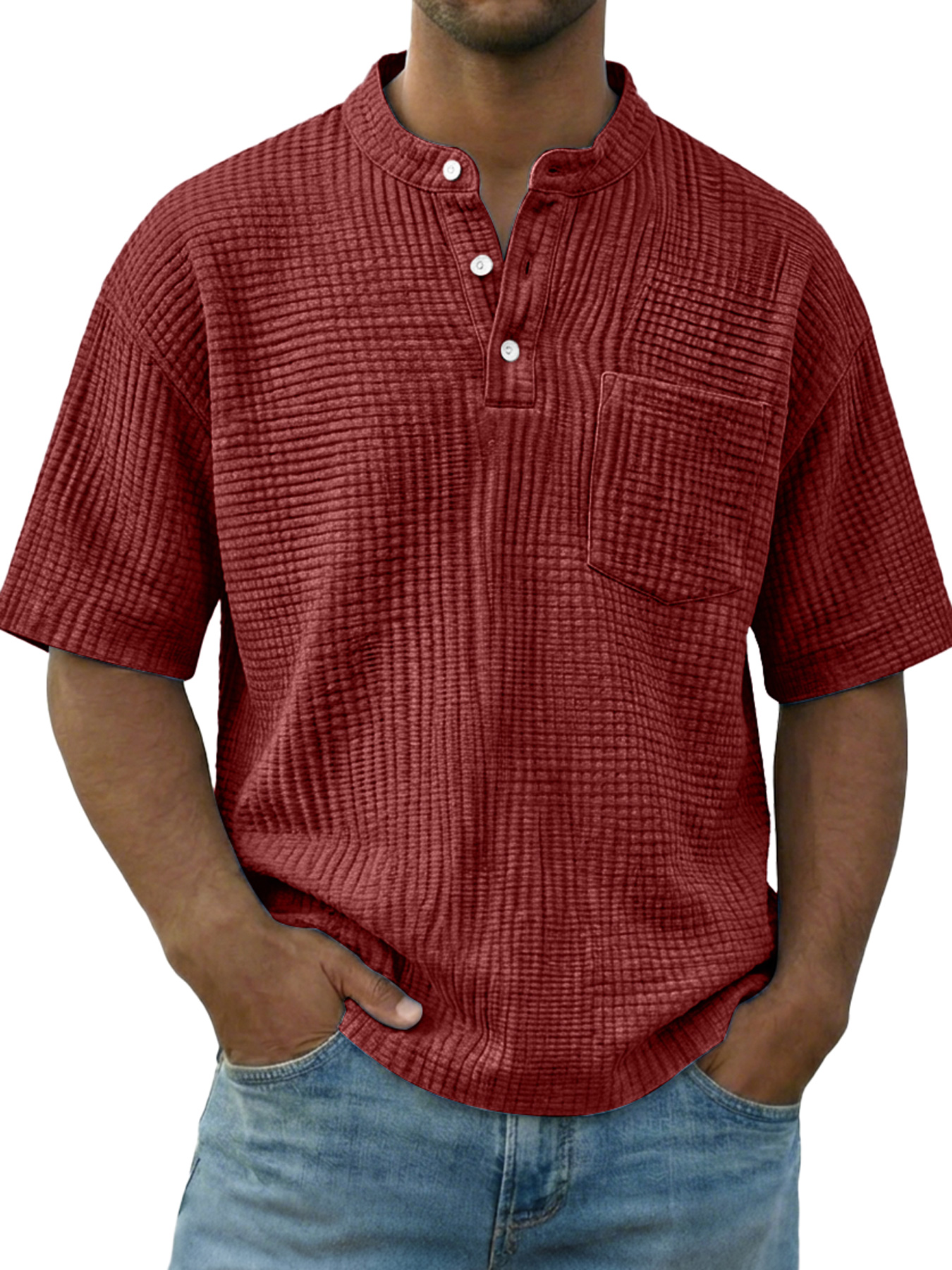 Men's Casual Wrinkled Comfortable Short-sleeved Henley Shirt With Pockets