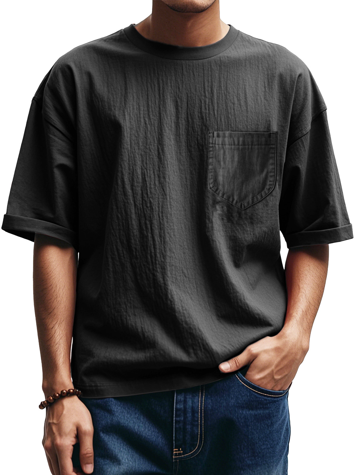 Men's Fashion Casual Pleated Round Neck Short Sleeve Pocket T-Shirt