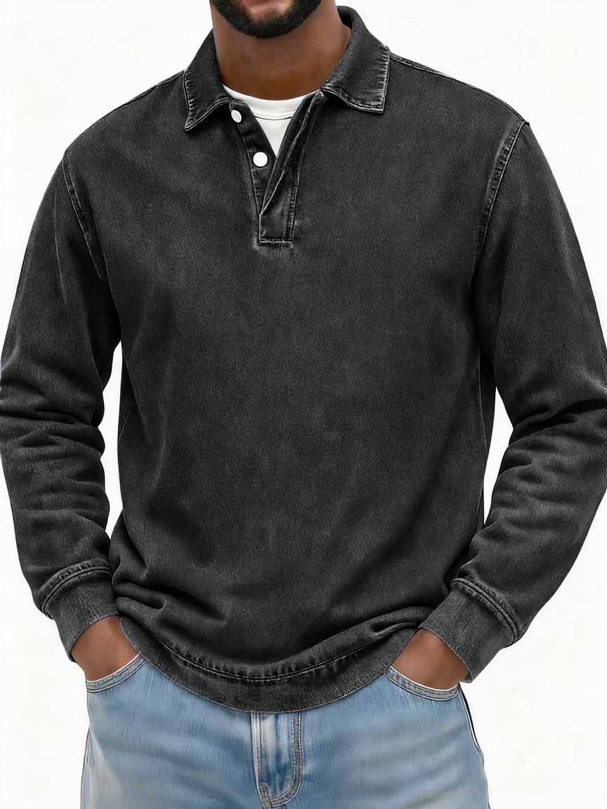 Men's Stylish Vintage Washed And Distressed Fabric Long-sleeved Polo Shirt With A Double-layer Placket And A Design Lapel