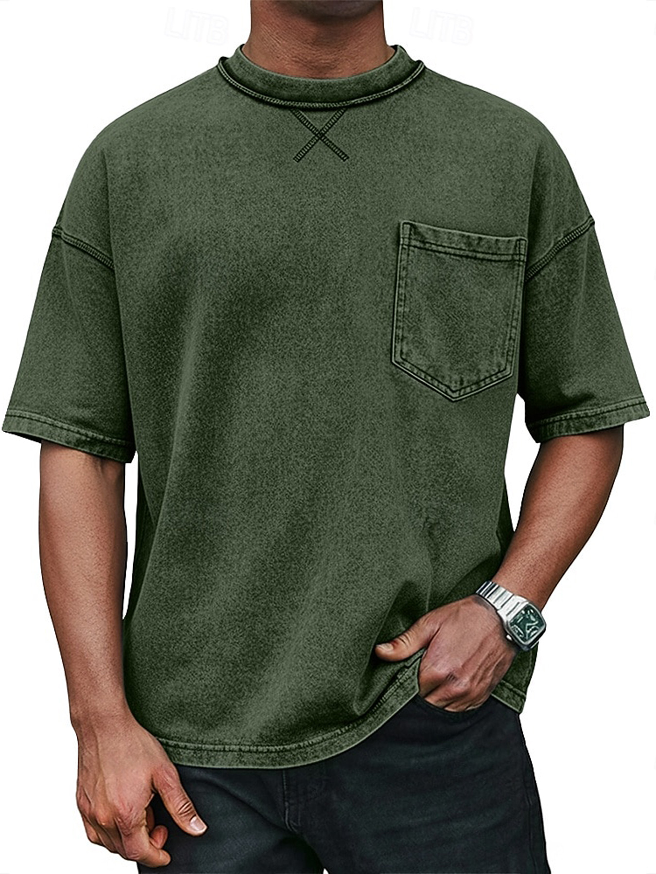 Men's Retro Crew Neck Crossover Design Casual Pocket Short-Sleeve T-Shirt