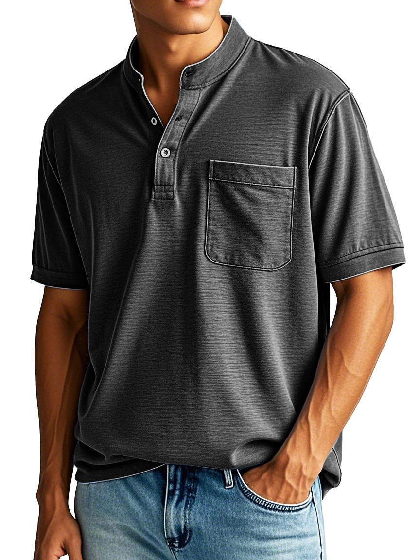 Men's Fashion Casual Stand-up Collar Pocket Short-sleeved Henley Shirt