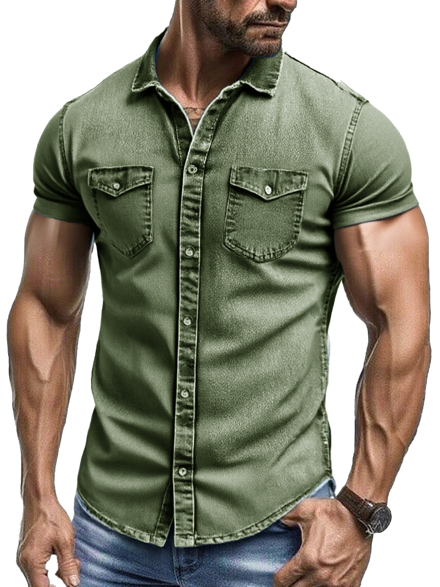 Men's Fashion Retro Workwear Outdoor Double Pocket Lapel Short-sleeved Shirt
