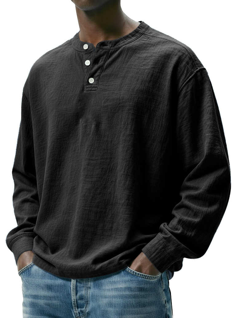 Men's Fashionable Casual Linen Fabric Long-sleeved Henley Shirt