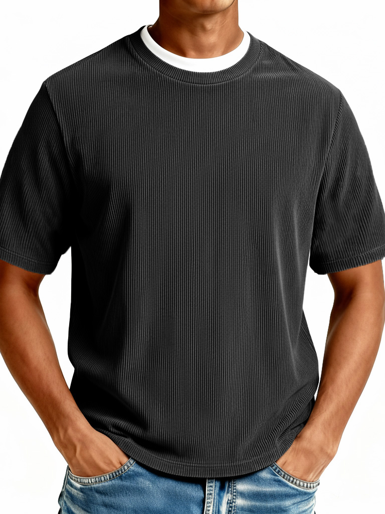 Men's Fashionable Casual Ribbed Fabric Faux Two-Piece Short-Sleeve Crew Neck T-Shirt