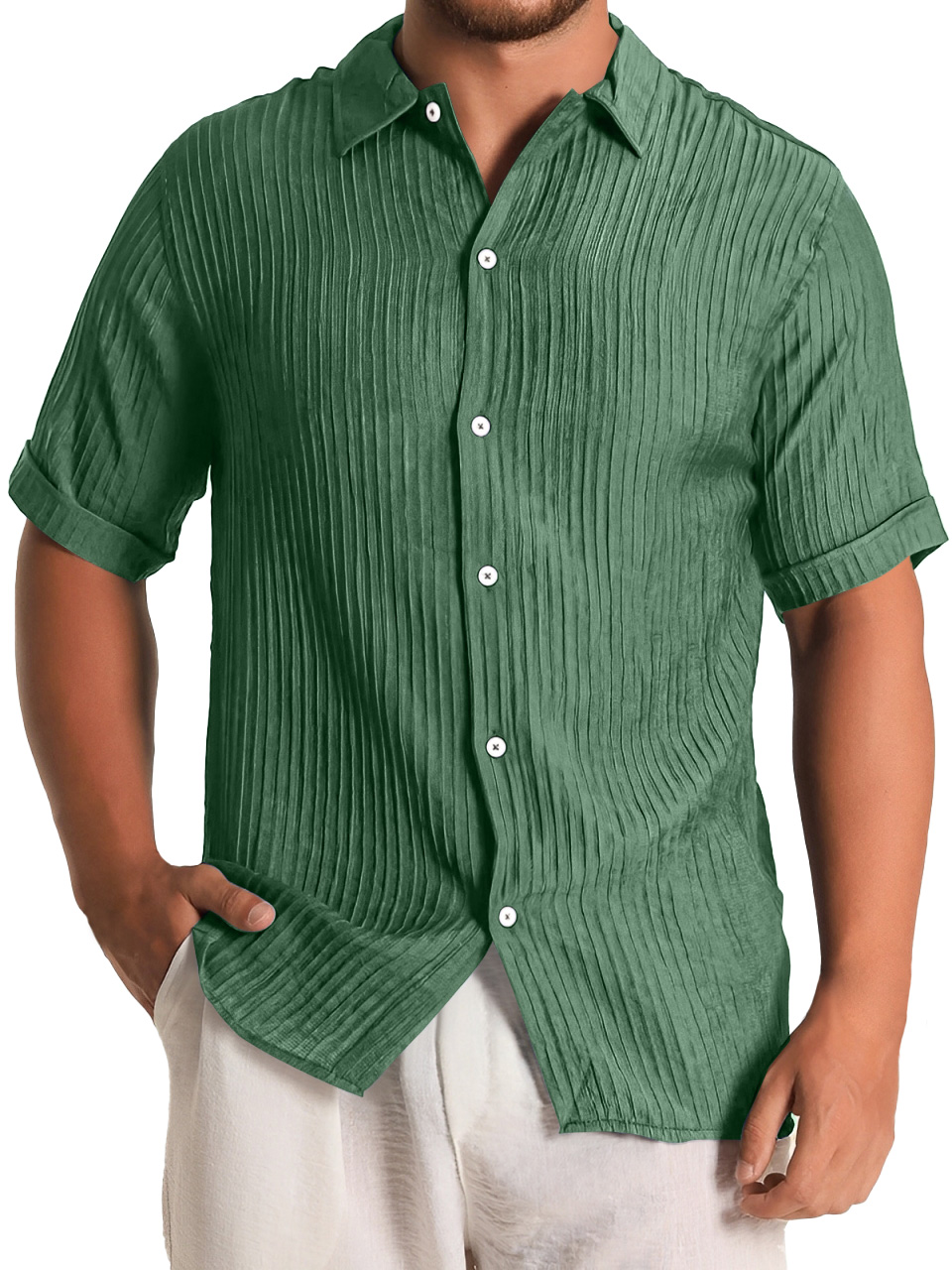 Men's Fashion Daily Pleated Casual Solid Color Short Sleeve Shirt