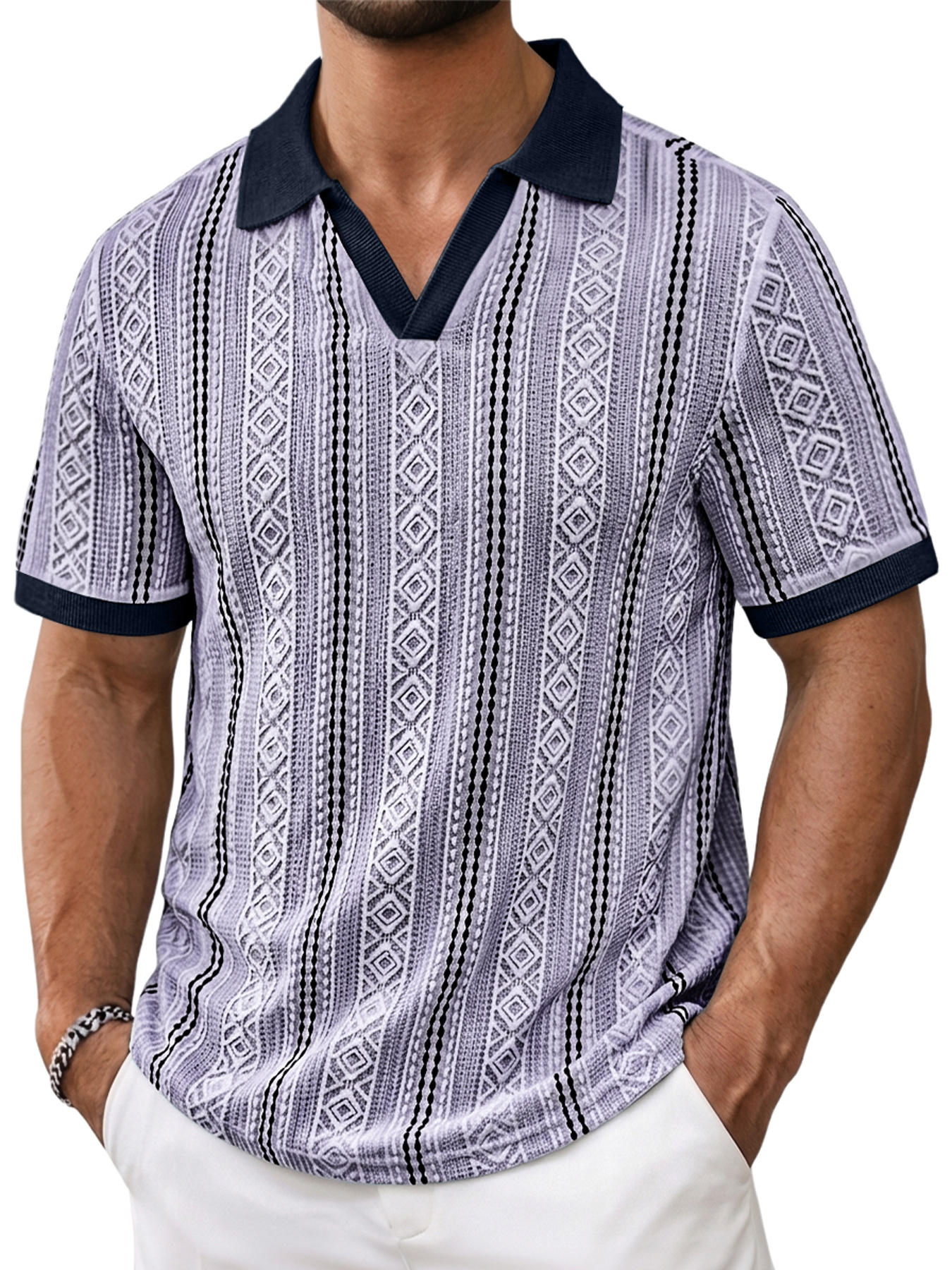 Men's Color-Blocked Seagull Collar Jacquard Textured Casual Short-Sleeve Polo Shirt