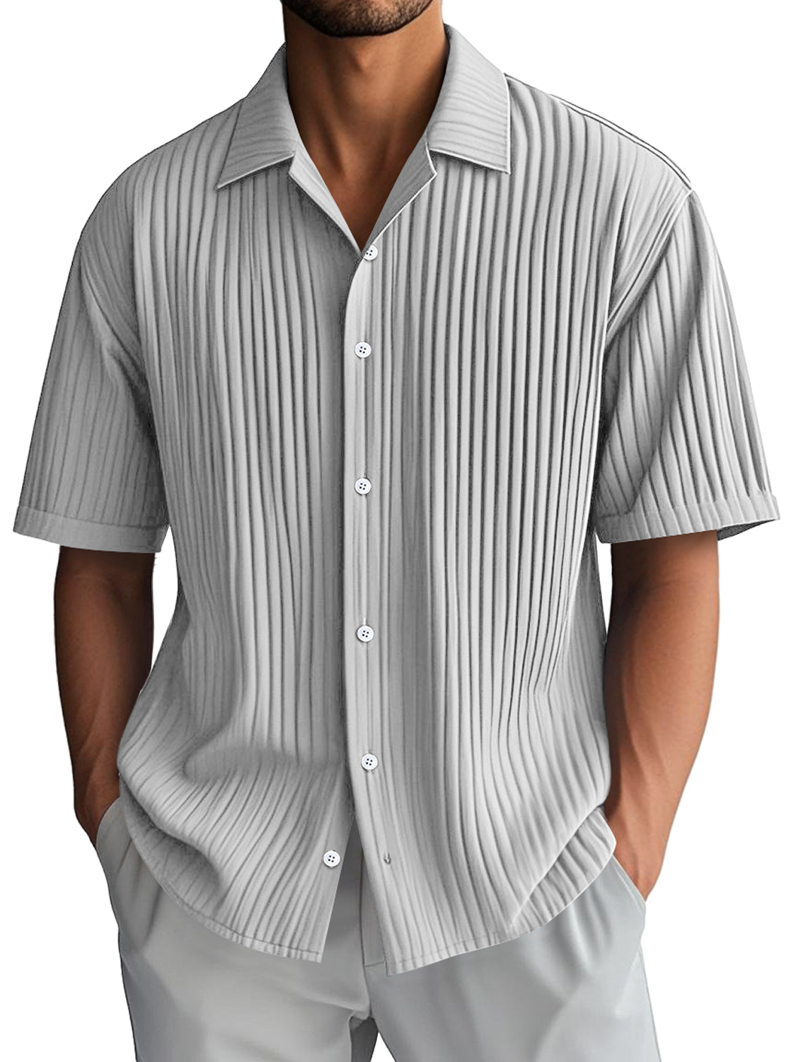 Men's Daily Casual Ribbed Lapel Comfortable Short-sleeved Shirt