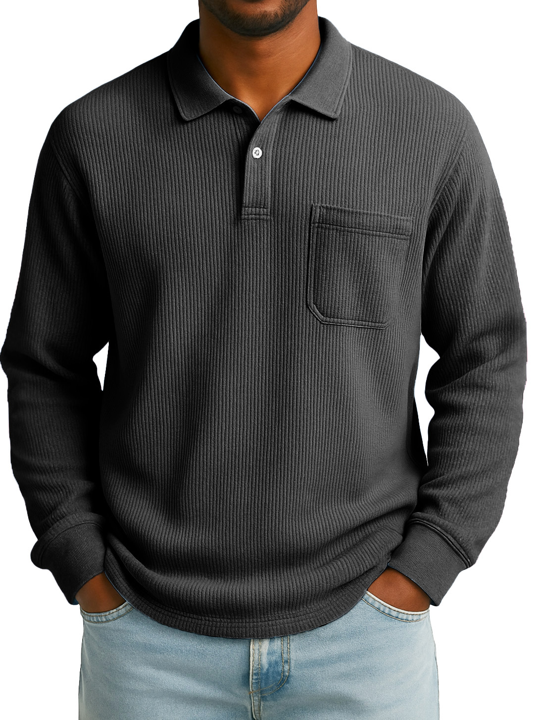 Men's Stylish Everyday Casual Corduroy Fabric Pocket Lapel Long-sleeved Polo Shirt