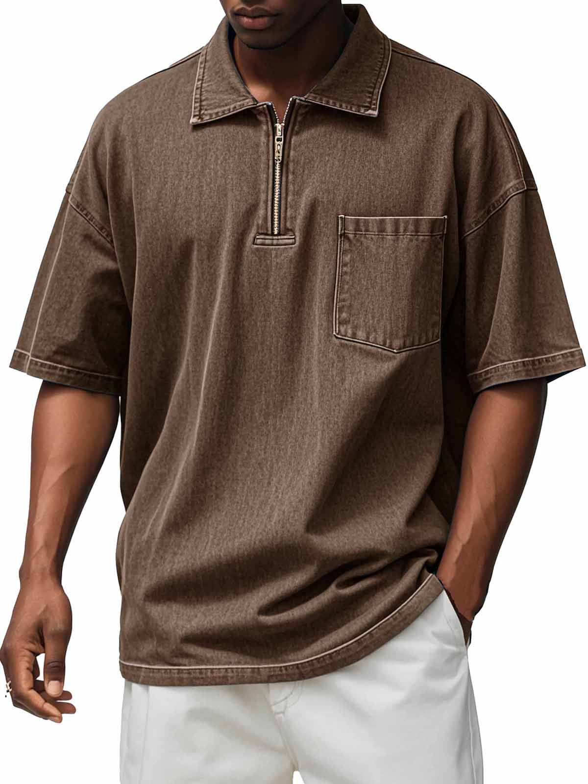 Men's Retro Distressed Zip Pocket Short Sleeve Polo Shirt