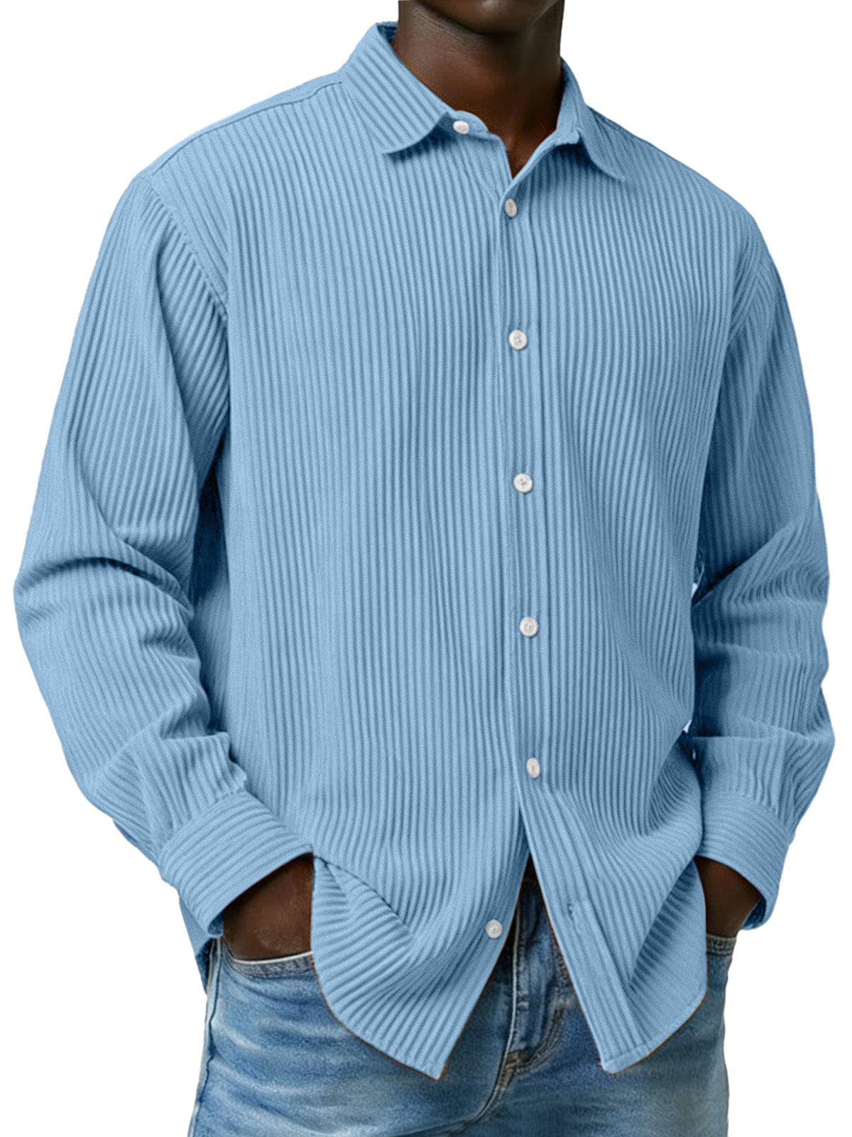 Men's Simple Solid Color Ribbed Long-sleeved Collared Shirt