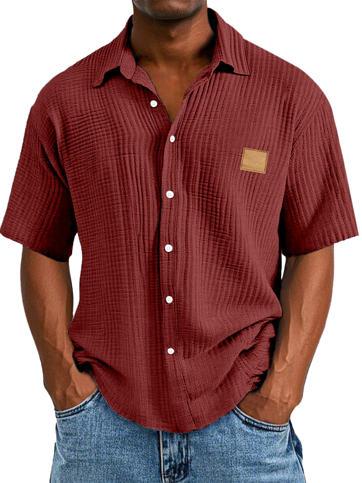 Men's Casual Retro Textured Logo Short Sleeve Lapel Shirt