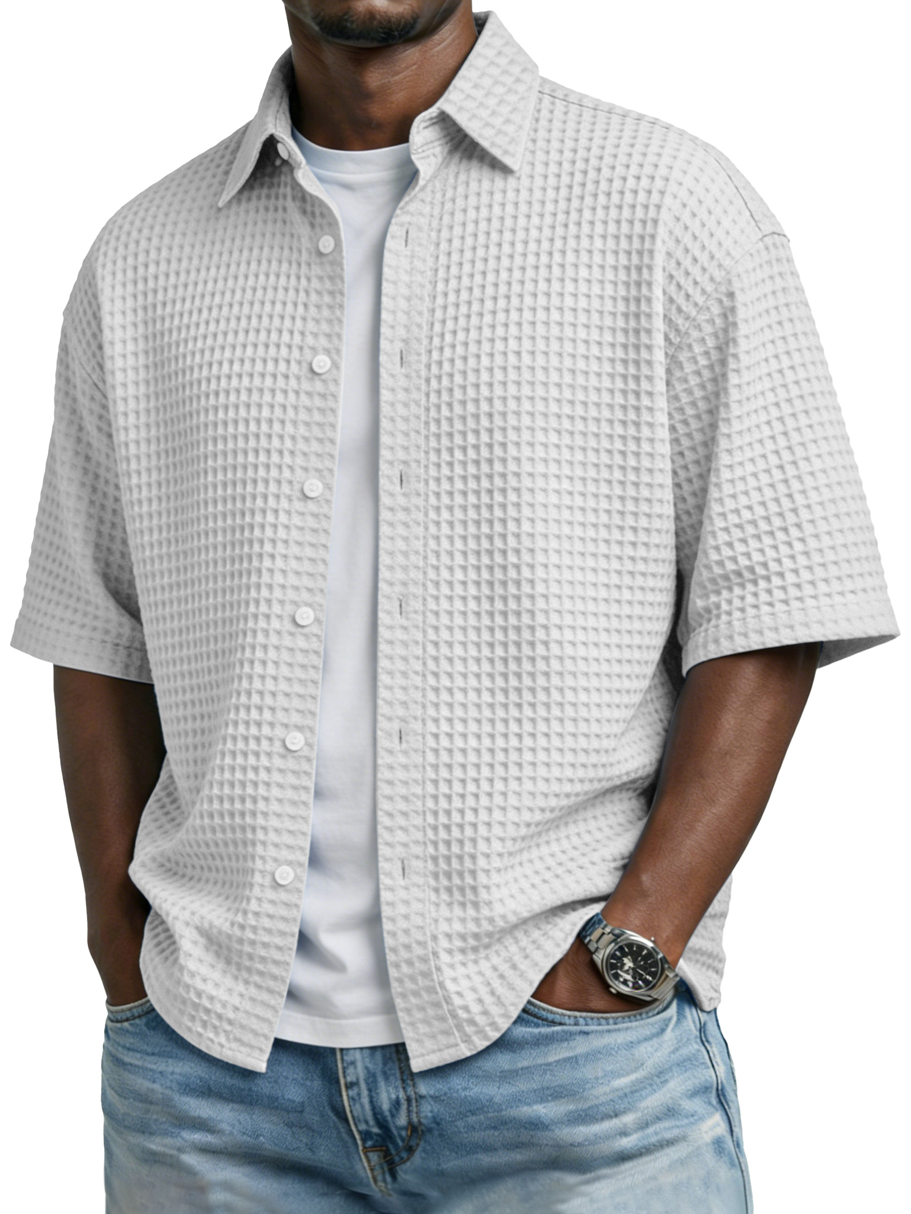 Men's Simple Solid-color Waffle-knit Lapel Casual Short-sleeved Shirt