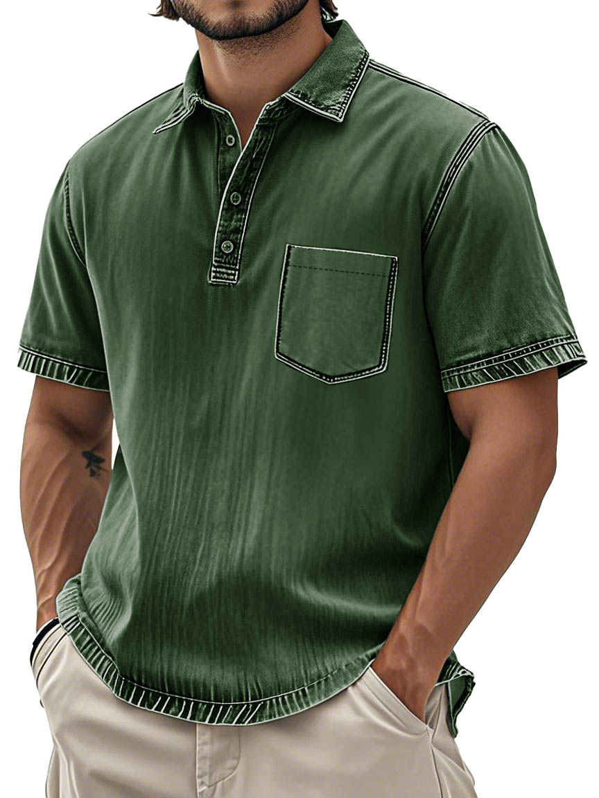 Men's Fashion Retro Washed Cotton Lapel Pocket Polo Shirt