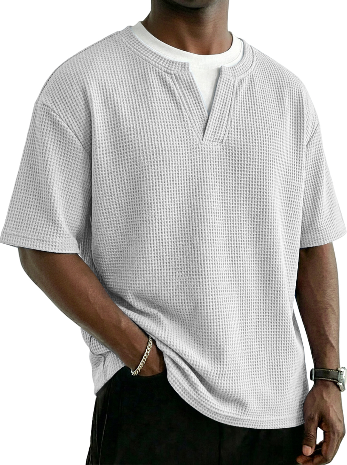 Men's Waffle-knit Faux Two-piece Casual Solid Color Short-sleeved T-shirt