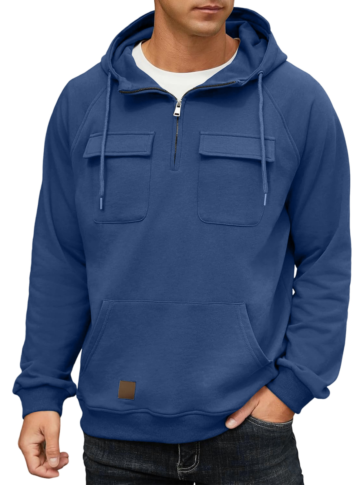 Men's Casual Hooded Zippered Double Pocket Solid Color Sweatshirt