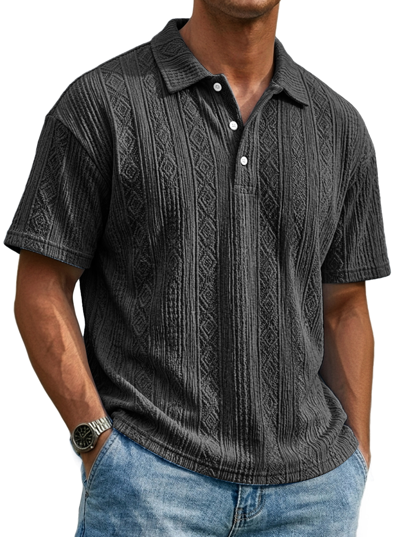 Men's Everyday Textured Collar Button-down Casual Short-sleeved Polo Shirt