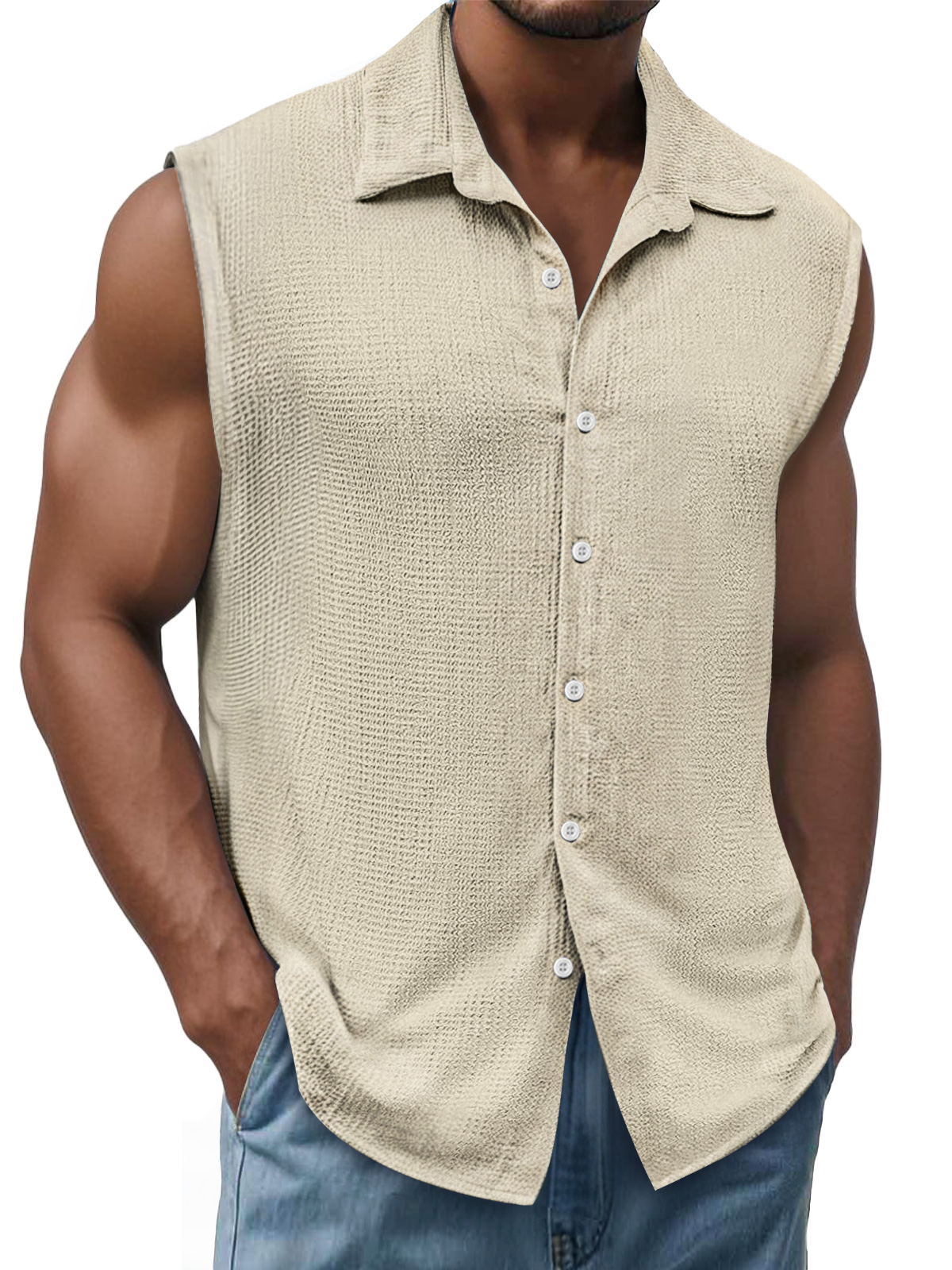 Men's Daily Texture Casual Lapel Solid Color Sleeveless Shirt