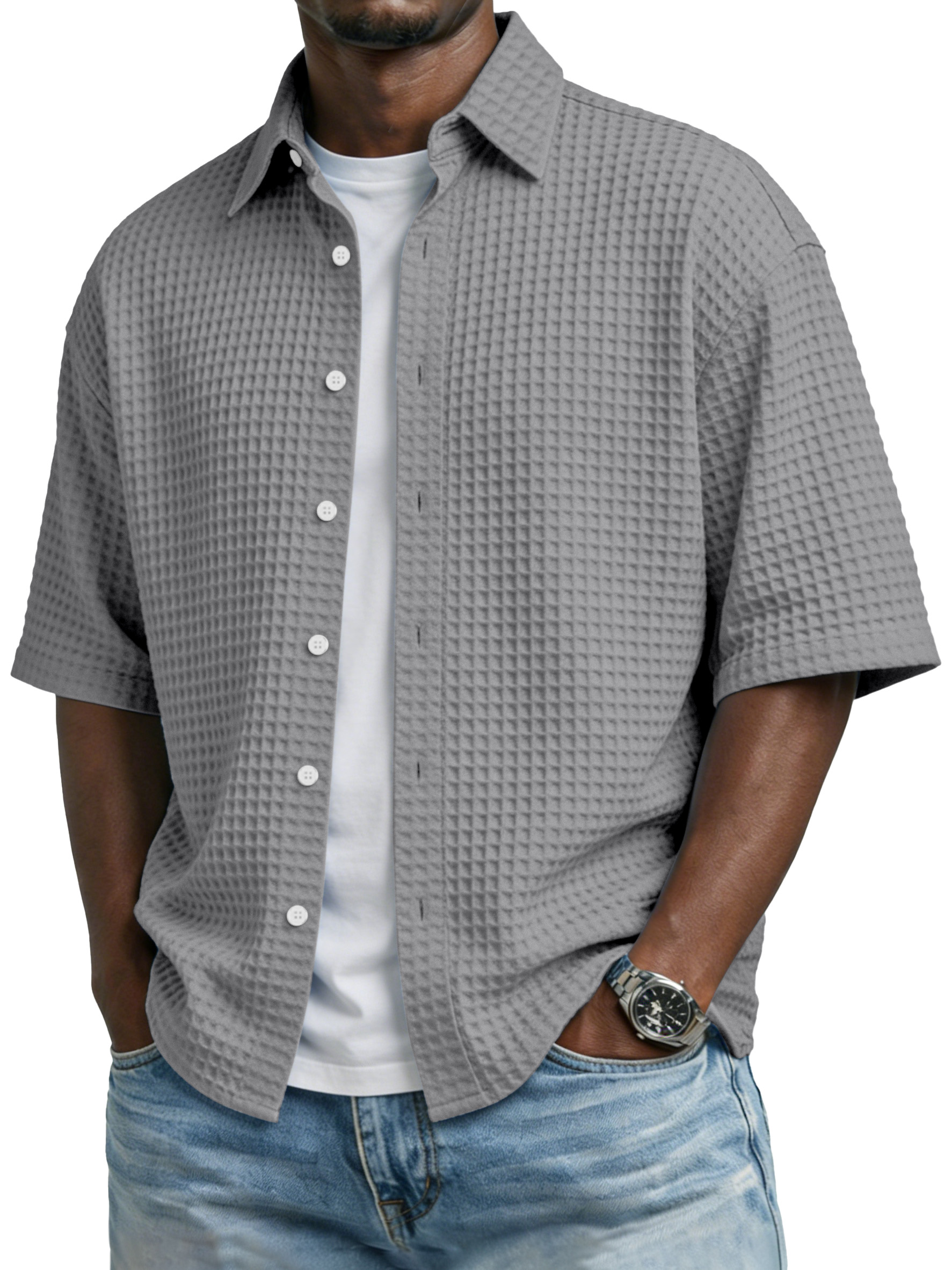 Men's Simple Solid-color Waffle-knit Lapel Casual Short-sleeved Shirt