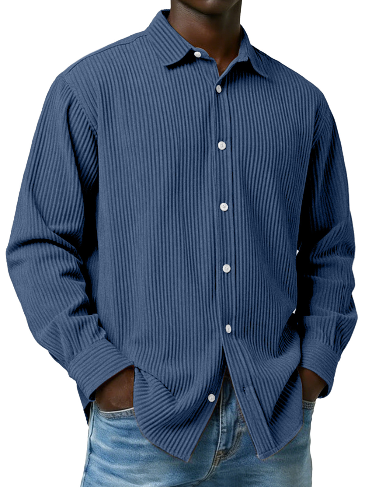 Men's Simple Solid Color Ribbed Long-sleeved Collared Shirt
